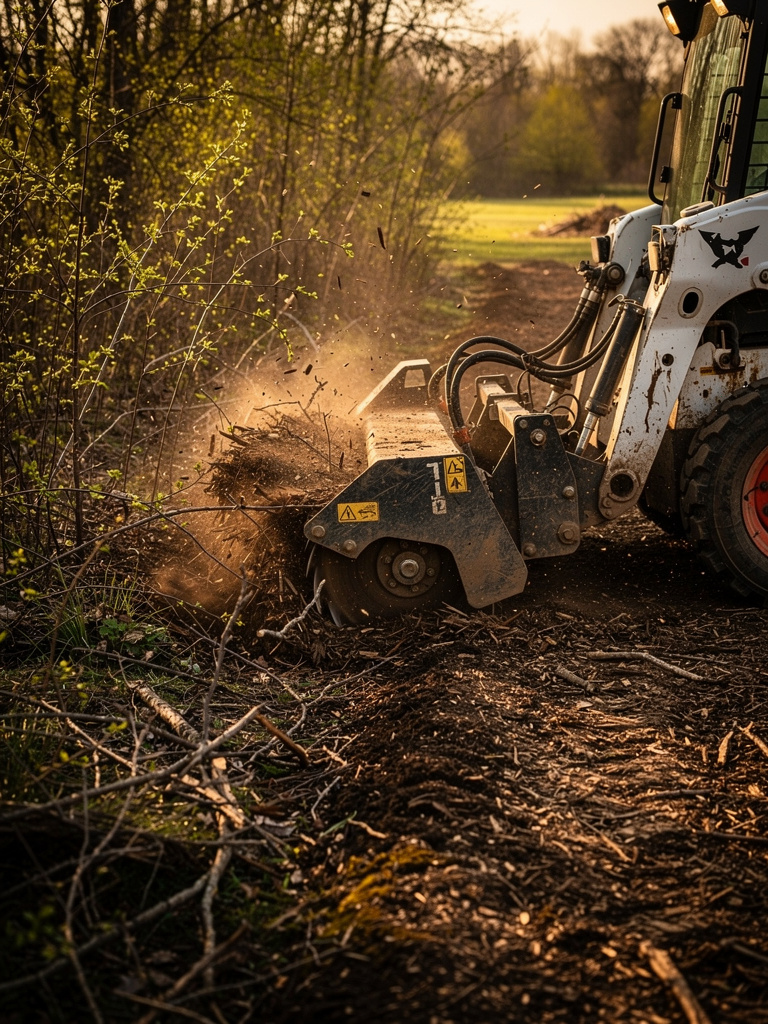 Skid steer forestry mulcher clearing brush and small trees at the edge of a field